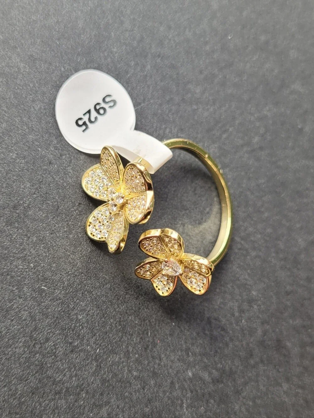 S925 Sterling Silver 18K Gold Plated Double Clover Flower Open Bypass Ring — CZ